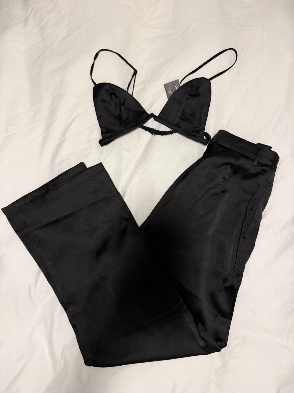 Luxe to Kill - Satin Black bralette and Wide-Leg Pants for Women